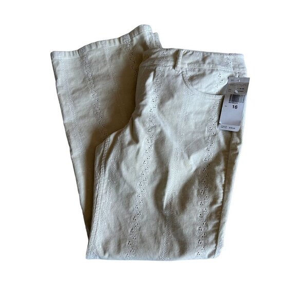 Womyn Pants Women's Thin Corduroy Size 16 Eyelet Cutouts 5 Pocket Cream NEW - Picture 2 of 10
